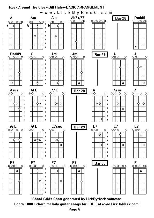 Chord Grids Chart of chord melody fingerstyle guitar song-Rock Around The Clock-Bill Haley-BASIC ARRANGEMENT,generated by LickByNeck software.